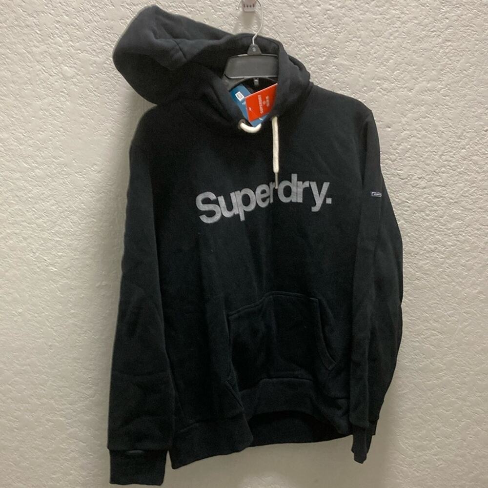 Superdry Black Logo Long Sleeve Kangaroo Pocket Pullover Hoodie Women US Size 12